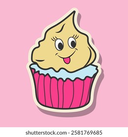 Cute Doodle Y2K Sticker Cupcake Isolated On Pink Background. Vector Illustration Food Element Hand Drawn. Sticker Suitable For Valentine's Day, Birthday, Wedding.