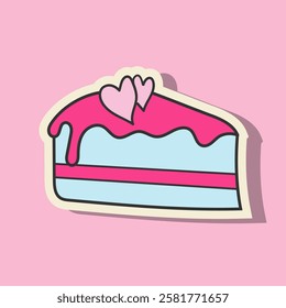 Cute Doodle Y2K Sticker Piece of Cake Isolated On Pink Background. Vector Illustration Food Element Hand Drawn. Sticker Suitable For Valentine's Day, Birthday, Wedding.