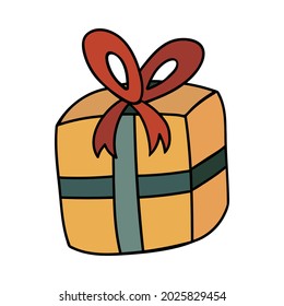 Cute doodle yellow gift box with a green ribbon and red bow for Christmas, birthday or other holiday. Stylized christmas sign. Closed present. Vector illustration with hand drawn outline isolated.