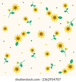 Cute Doodle Yellow Sunflower Flower Element with Leaves Floral Ditsy Leaf Polkadot Dot Confetti. Abstract Organic Shape Hand Drawn Hand Drawing Cartoon. Color Seamless Pattern Yellow Background.