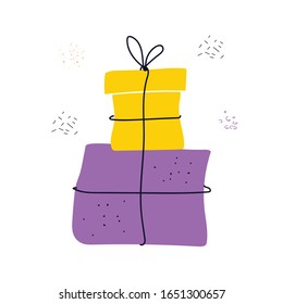 Cute doodle yellow and violet presents isolated on white background. Illustration for wrapping paper, card, postcard, poster, text space. Minimalist holiday background, invitation, cover.