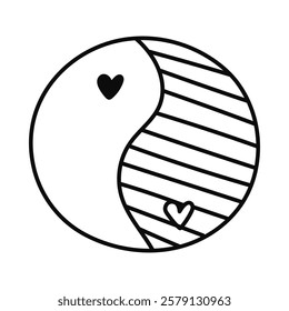 Cute doodle Yin Yang sign with hearts from hippie 70s. Retro symbol of balance, harmony, yoga, relax. Trendy symbol of hippy and Y2k aesthetic. Hand drawn outline nostalgic clipart isolated on white.