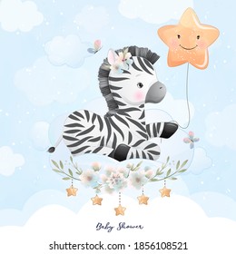 Cute doodle zebra with floral illustration