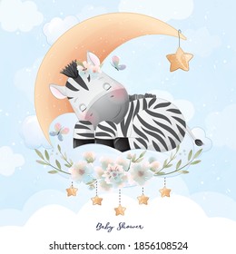 Cute doodle zebra with floral illustration