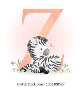 Cute doodle zebra with floral illustration