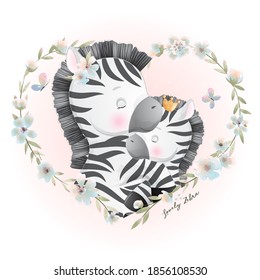 Cute doodle zebra with floral illustration