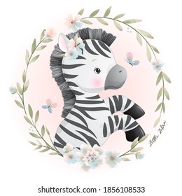 Cute doodle zebra with floral illustration