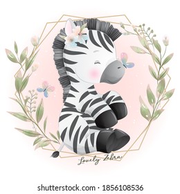 Cute doodle zebra with floral illustration