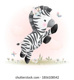 Cute doodle zebra mit floraler Illustration