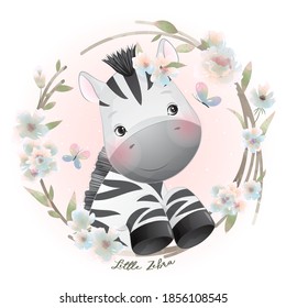 Cute doodle zebra with floral illustration