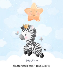 Cute doodle zebra with floral illustration