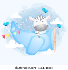Cute doodle zebra flying with plane cartoon character Premium Vector