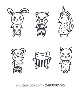 Cute doodle zoo characters set with wild, magic animals, pets in clothes. Kawaii collection of frog, unicorn, cat, rabbit, bear, panda. Domestic, farm and wild animals clipart with hand drawn outline.