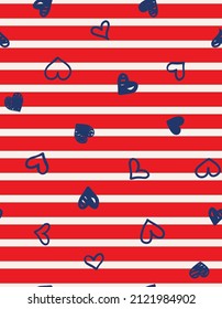 Cute doodled blue hearts on red and white striped seamless repeat pattern. Love themed vector all over print background.