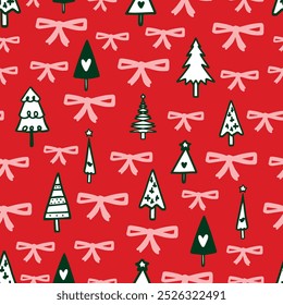 Cute, doodled bows and fir trees seamless repeat pattern. Hand drawn, vector christmas aop, all over print on red background.