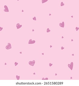 Cute doodled love themed seamless repeat pattern. Random placed, icons like hearts, stars, wording, arrows, flowers, rainbows. Cartoon all over print on pink background.
