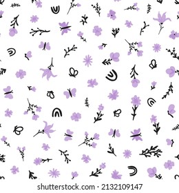 Cute doodled seamless repeat pattern. Random placed, vector flowers with leaves, butterflies, branches and rainbows all over surface print on white background.