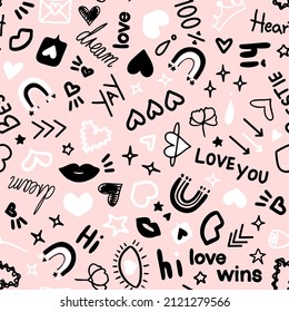 Cute doodled valentines day love themed seamless repeat pattern. Random placed, vector icons like hearts, stars, wording, arrows, flowers, rainbows, lips. Cartoon all over print on pink background.