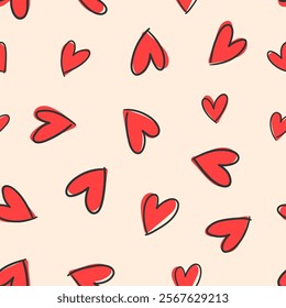 Cute doodled valentines day love themed seamless repeat pattern. Random placed, vector icons like hearts, stars, wording, arrows, flowers, rainbows, lips. Cartoon all over print on pink background.