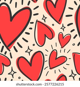 Cute doodled valentines day love themed seamless repeat pattern. Random placed, vector icons like hearts, stars, wording, arrows, flowers, rainbows, lips. Cartoon all over print on pink background.