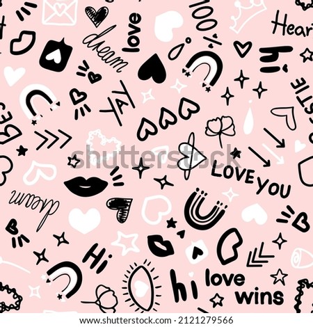 Cute doodled valentines day love themed seamless repeat pattern. Random placed, vector icons like hearts, stars, wording, arrows, flowers, rainbows, lips. Cartoon all over print on pink background.