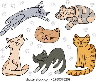 Cute doodles about a pet: cat, kittens. Cats cartoon drawn by hand. 
Vector image. Children's illustration