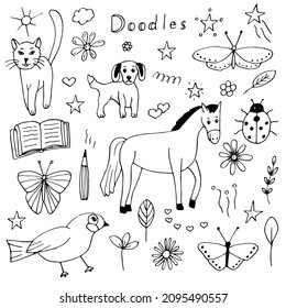 Cute doodles animals, butterflies, bugs, stars, flowers and leaves, vector illustration, hand drawing 
