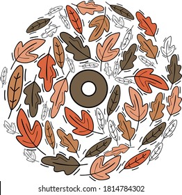 
cute doodles of autumn foliage for postcard decoration, orange leaves arranged in a circle