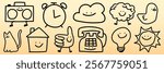 Cute doodles of a boombox, clock, cloud, sheep, duck, cat, house, thumbs up, telephone, light bulb, and sun, all with smiling faces and playful expressions. Cute doodle icons vector set.