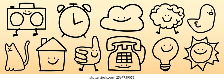 Cute doodles of a boombox, clock, cloud, sheep, duck, cat, house, thumbs up, telephone, light bulb, and sun, all with smiling faces and playful expressions. Cute doodle icons vector set.