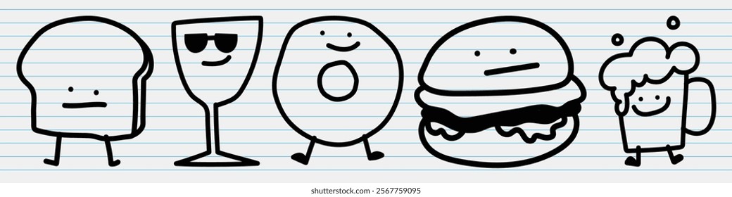 Cute doodles of bread, wine, donut, burger, and beer. Fun, playful characters: bread, wine, donut, burger, beer. Simple, cartoonish style: bread, wine, donut, burger, beer. Cute doodle icons vector.