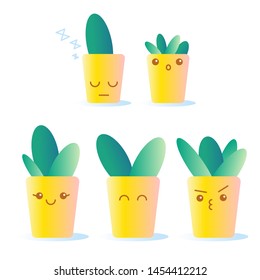 Cute doodles cactus. Cartoon faces on potted plants. Yellow pot. Vector illustration with granient.