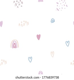Cute doodles in cartoon style. Seamless pattern. Texture with a multi-colored rainbow, hearts and doodles on a transparent background. For designs, prints on clothes, paper. Vector.
