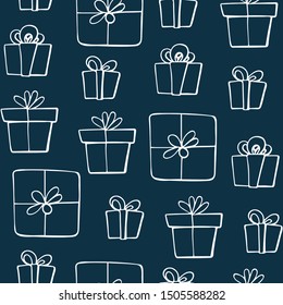 Cute doodles Christmas elements. Vector hand drawn illustration. Christmas sweets pattern. Design for printed, fabric, wrapping and cards. Contains sweets, lollipops, candies and mistletoe.