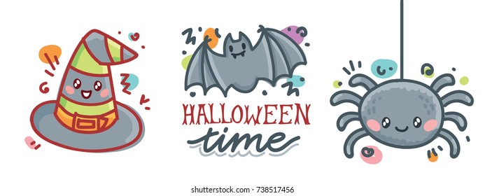 Cute doodles for Halloween Party with lettering calligraphy text decorations. Halloween time, spider, bat, witches hat characters. Hand drawn illustration for card, poster, banner in cartoon style