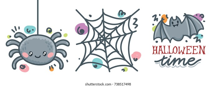 Cute doodles for Halloween Party with lettering calligraphy text decorations. Halloween time, spiders web, bat characters. Hand drawn illustrations for card, poster, banner in cartoon style