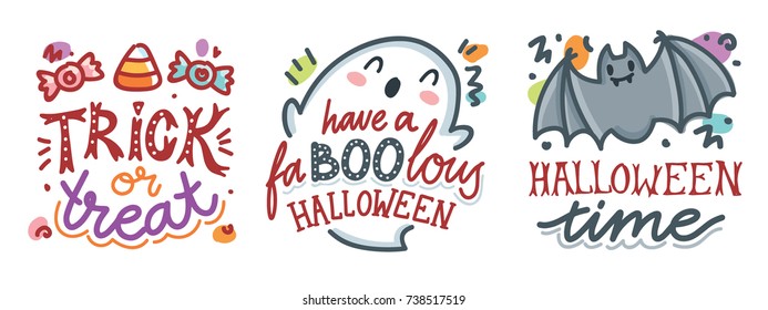 Cute doodles for Halloween Party with lettering calligraphy text decorations. Have a fabulous Halloween, cute ghost and bat characters. Hand drawn illustration for greeting card, poster, banner