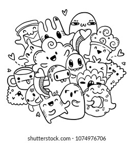 Cute doodles hand drawn pattern. Vector isolated outline set of cartoon monsters. Coloring book page.