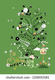 Cute doodles hand drawn spring floral greeting card with bird house and hellow spring lettering on green background, Vector illustration Spring or summer design for invitation or banner