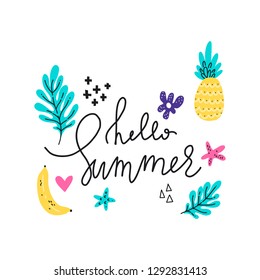 Cute doodles. Hello Summer poster. Bright summer card.