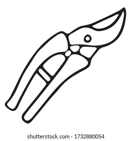 Cute doodles on the theme of gardening. Garden pruning shears for plants. Hand-drawn vector illustration.