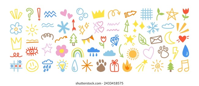 Cute doodles set. Kids decorative elements - abstract shapes, heart and flower. Collection of hand drawn baby doodle illustrations isolated on white background - sun, cloud, star, crown and so on.