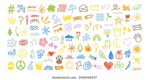 Cute doodles set. Kids decorative elements - abstract shapes. Collection of hand drawn baby doodle illustrations isolated on white background - sun, cloud, star. Crown, heart, flower doodle and so on.