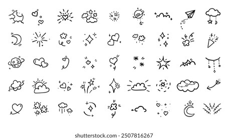 Cute doodles. Set of vector hand drawn doodle clouds, sun, moon, stars, hearts, clouds, stars, sun and other elements