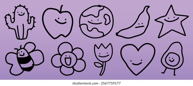 Cute doodles of smiling cactus, apple, earth, banana, star, bee, flower, tulip, heart, and avocado on a purple background. Happy, cheerful, and playful designs. Cute doodle icons vector set.