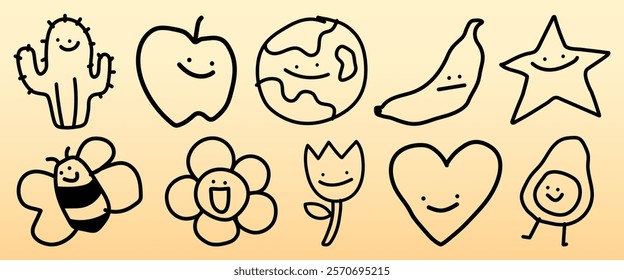 Cute doodles of smiling objects: cactus, apple, earth, banana, star, bee, flower, tulip, heart, avocado. Fun, happy, playful designs for kids. Cute doodle icons vector set.