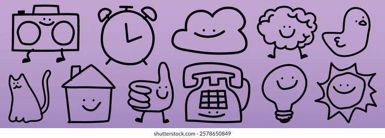 Cute doodles of smiling objects: clock, cloud, cat, and more. Fun and playful doodles with smiling faces. Happy doodles on a purple background. Cute doodle icons vector set.