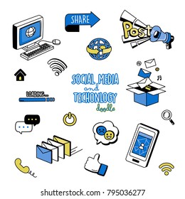 Cute doodles of social media and technology icon. Hand drawing styles social media icon.