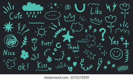 Cute doodles with stars, clouds, and crowns. Fun and playful, these doodles add charm. Doodles with stars, clouds, and crowns for a whimsical touch. Colorful typography vector set.