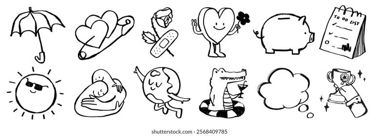 Cute doodles of an umbrella, hearts, bandage, piggy bank, sun, hugging figures, globe, crocodile, thought bubble, trophy, and to-do list. Fun and playful sketches. Hand drawn vector set.